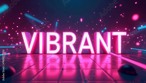 Neon VIBRANT letters with pulsating lights amid digital shapes lasers in dynamic setting