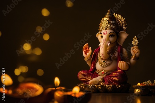 Traditional Ganpati Idol with Diwa Lights - Ideal for Diwali Celebrations and Spiritual Decor