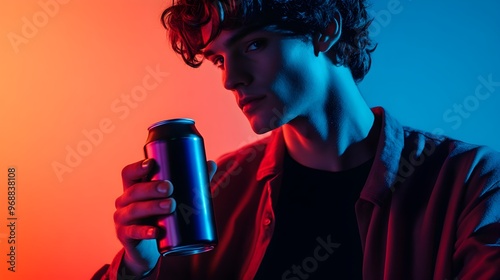 Dramatic portrait of a confident young male model with curly hair,holding a neon-lit beverage can against a moody blue and red studio backdrop.