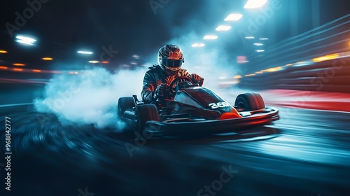 A go-kart drifting around a tight corner with a driver in bold, racing gear, tire smoke swirling around, bright track lights and dynamic motion blur creating an action-packed, high-adrenaline mood