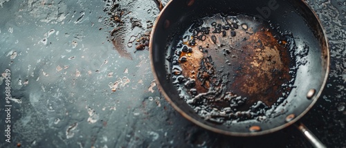 A neglected frying pan with burnt residue, resting on a weathered surface, evoking thoughts of past meals and culinary adventures gone awry.