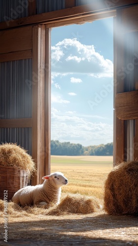 A sheep munching on fresh hay in a warm, sunny barn with light streaming through the windows.