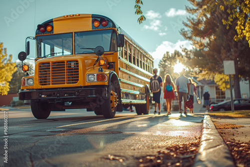 Children are boarding a school bus at a bus stop in the suburbs, pupils from different backgrounds, university bound, preparing for higher education