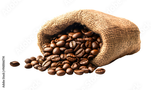 Roasted coffee beans in burlap sack on transparent background