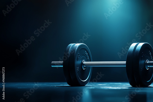 A close-up of a sleek black dumbbell on a dark, illuminated surface, showcasing fitness and strength training equipment.