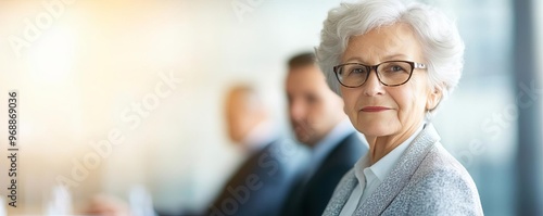 Elderly woman in a corporate boardroom, standing confidently among male counterparts