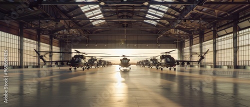 Helicopters are neatly arranged inside a spacious, sunlit hangar, highlighting a sense of order and readiness for action.