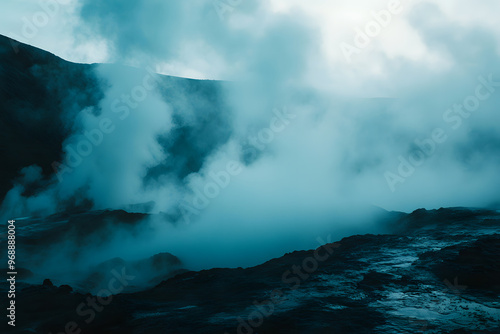 Moody volcanic landscape with thick steam and rugged terrain, creating an ethereal and dramatic natural scene.