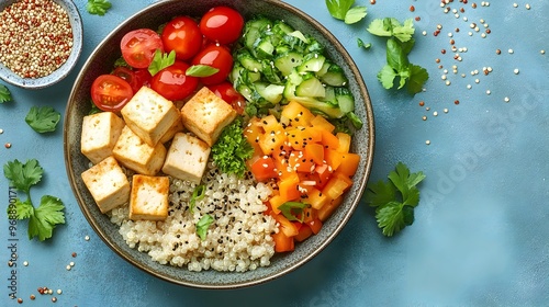 Colorful Vegan Meal with Tofu Quinoa and Fresh Vegetables on a Plate