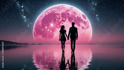 pareja de la mano caminando hacia luna gigante rosa