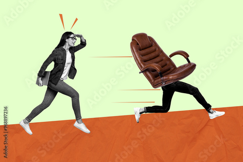 Trend artwork composite sketch image 3D collage of young woman confident walk hold laptop office manager armchair run away human legs