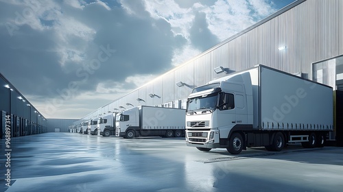 35. A fleet of refrigerated trucks being loaded at a cold storage logistics facility