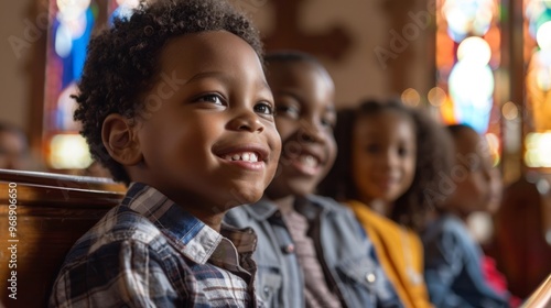 A group of children are sitting in a church pew, smiling