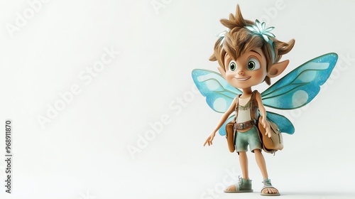 A 3D rendered cartoon fairy with blue wings stands with its arms outstretched.