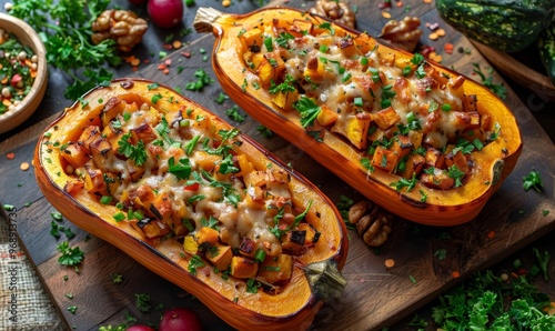 Stuffed Butternut Squash halves overhead