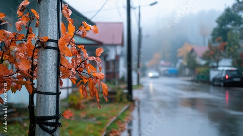 A quiet village street on a rainy day, featuring red autumn leaves adorning a pole and typical houses, creating a cozy and nostalgic ambiance.