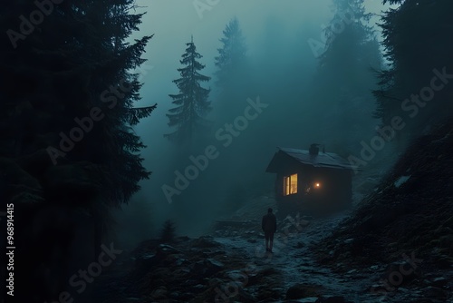 Mysterious Cabin in a Foggy Forest