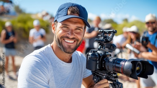 A person in a blue cap and white t-shirt operates a professional video camera, surrounded by a group of people, likely covering an event on a sunny day outdoors.