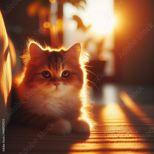 Late Afternoon Sunlight Soft warm light bathing the cat in a gol