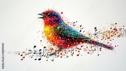 A vibrant bird with multicolored plumage is singing joyfully, surrounded by a cascade of music notes representing the bird's melodious song in abstract art style.