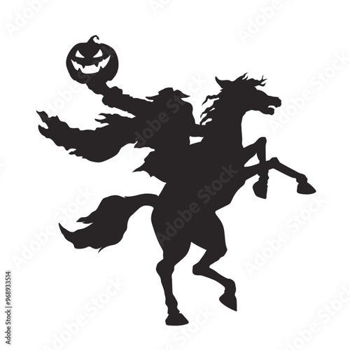 Black silhouette of headless horseman. Isolated drawing of halloween horror. Scary rider without head. Spooky ghost on rearing horse. Gothic mystical evil