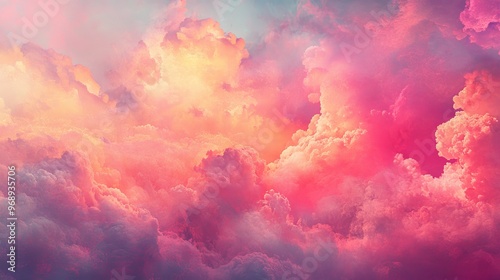 A surreal sky with dreamy, surreal clouds and a vibrant, hot pink color, set against a fantastical, abstract background