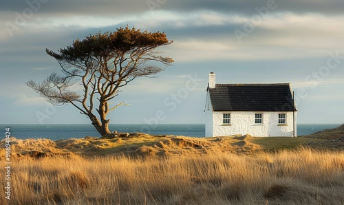 White cottage next to a lone tree at the sea