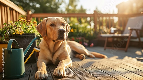 Golden Retriever Relaxing on a Wooden Deck.