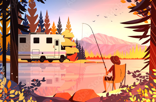 Camping RV fishing lake autumn landscape nature adventure recreational outdoor activity colorful sunset scenery mountains trees