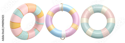 Pastel lifebuoy set isolated on transparent background. Decorative lifebuoys in soft hues for nautical and maritime themes