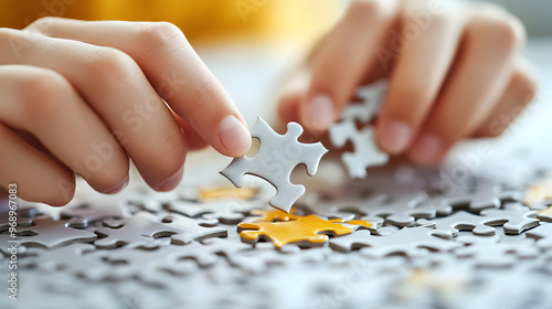 A determined student completing a complex puzzle placing the final piece with satisfaction.