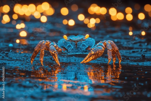 Two colorful crustaceans in shallow water at night, with bokeh lights reflection