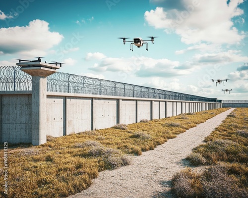 Drones Flying Over Concrete Wall With Razor Wire