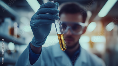 A scientist holding up a test tube in a lab symbolizing a breakthrough discovery.