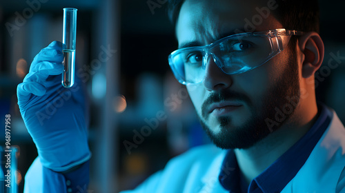 A scientist holding up a test tube in a lab symbolizing a breakthrough discovery.