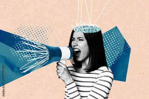 Composite photo collage of angry girl scream megaphone cut head thoughts demonstration concept strike isolated on painted background