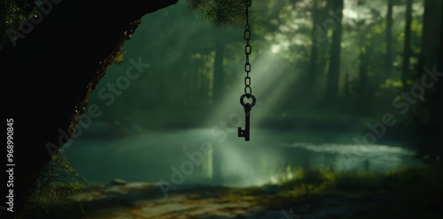 An antique golden key is reflected in a mysterious forest on a natural abstract background. It symbolizes a secret garden, symbolizing secrecy and discovery.