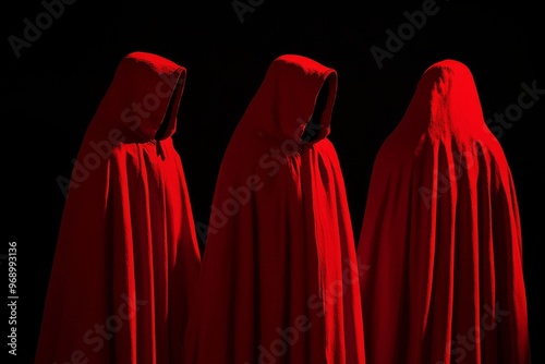 In a red hooded cloak lies a mysterious figure in shadow, hiding his face. He is a ghostly figure. A member of the Satanic sect. Conspiracy concept. Isolated on black.