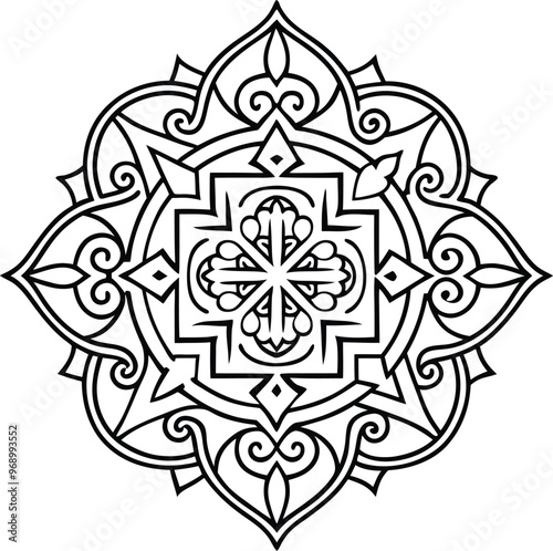 Single outline of Traditional Central Asian ethnic ornaments, vector illustration on black and white.