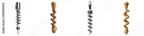 A set of four different corkscrews in various styles and materials, including metal and wood. Perfect for wine enthusiasts and kitchen tool collections.