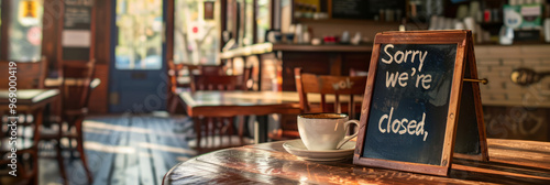 a closed cafe with a sign on a board outside that says Sorry, we're closed and a cup of coffee next to it.