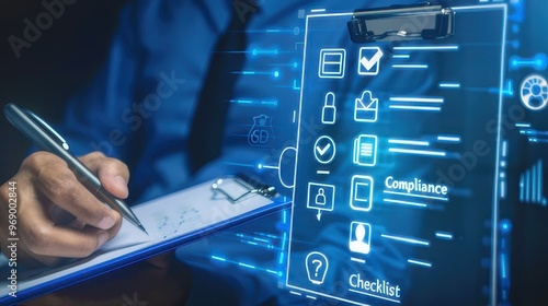 Digital compliance checklist with futuristic interface