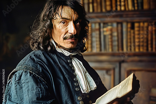 Rene Descartes, French philosopher, mathematician, author of the coordinate system, Cartesian dualism. A man in a camisole in the library.