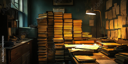 Shadows of the Past: A dimly lit office, overtaken by stacks of yellowing case files and dusty archival boxes.