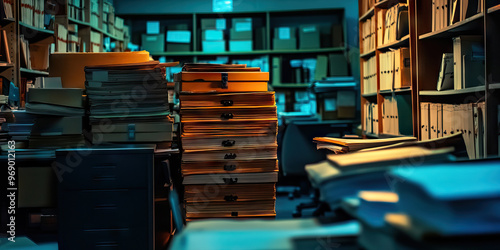 Shadows of the Past: A dimly lit office, overtaken by stacks of yellowing case files and dusty archival boxes.