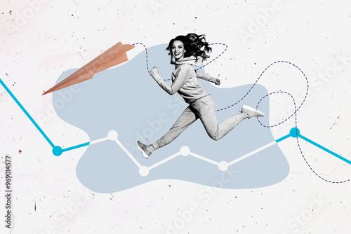 Creative abstract template collage of funny young female running graph career data unusual fantasy billboard comics