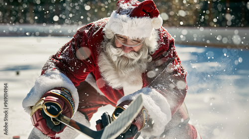 Santa Claus playing hockey.