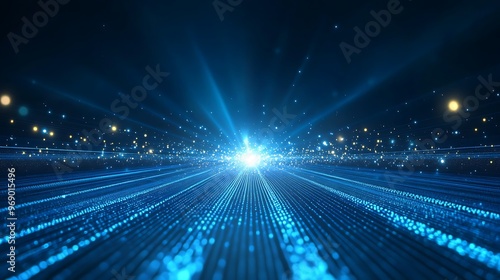 Futuristic digital landscape with bright blue lights and rays creating a mesmerizing backdrop for technology themes.