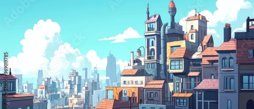 Hand drawn 2D cartoon illustration of a cityscape featuring a recognizable landmark