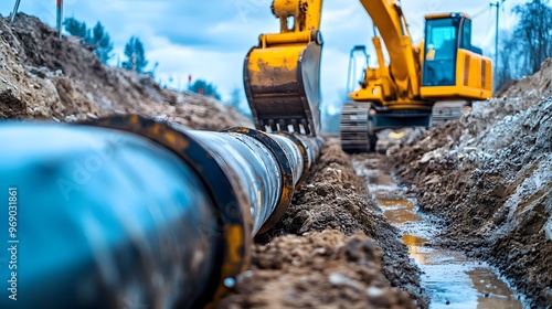 A large piece of machinery is digging into the ground next to a long pipe. Concept of hard work and progress, as the construction workers are using the excavator to dig a trench for the pipe